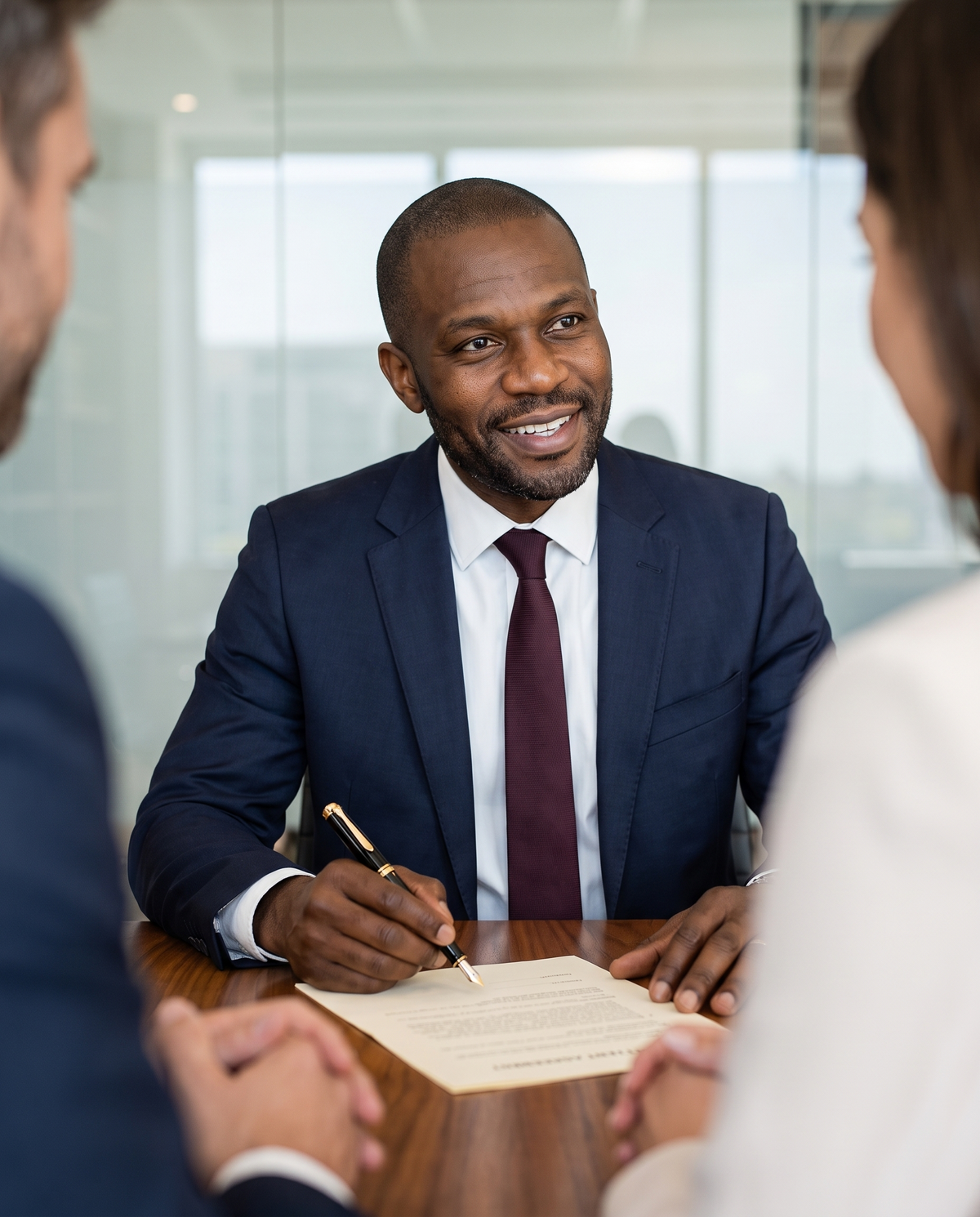 Pelikan Souverän M800 Fountain Pen — a lawyer in a navy suit signs a settlement agreement with the black M800 at a walnut conference table, looking up at his clients with a confident smile