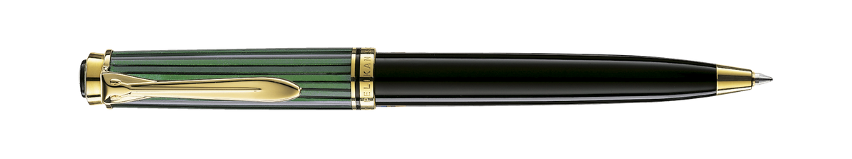 Pelikan Souverän K400 ballpoint in black-green striped cellulose acetate with gold-plated trim, shown full length horizontally with the tip extended