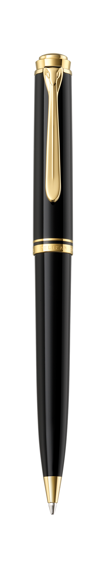 Pelikan Souverän K800 ballpoint in black resin with gold-plated trim, shown upright with the tip extended