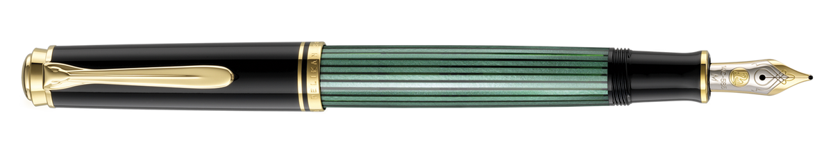 Pelikan Souverän M400 fountain pen in black-green striped cellulose acetate with gold-plated trim, shown full length horizontally with the cap posted and the two-tone 14-carat gold nib exposed