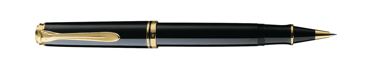 Pelikan Souverän R800 rollerball in black resin with gold-plated trim, shown full length horizontally with the cap posted and the rollerball tip exposed
