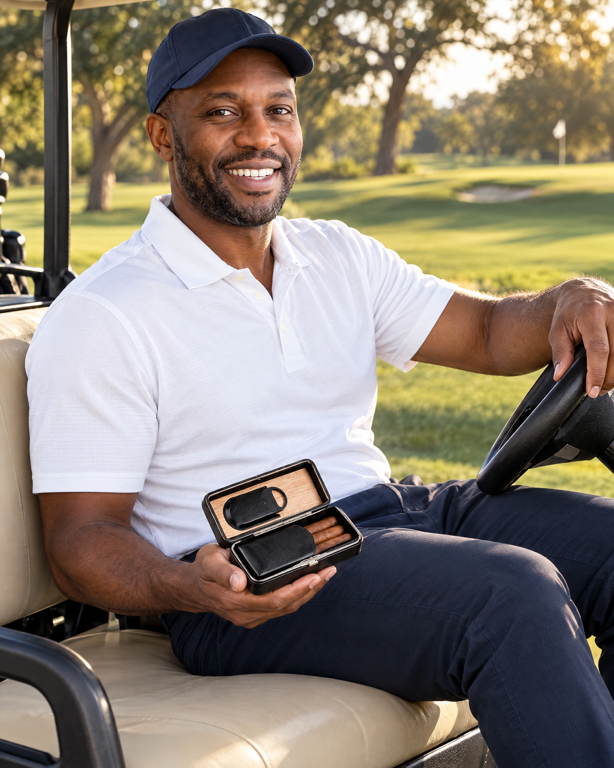 3 Cigar Folding Snap-Lock Case & Cutter in black leather, held open on a lawyer's knee in a golf cart beside the fairway
