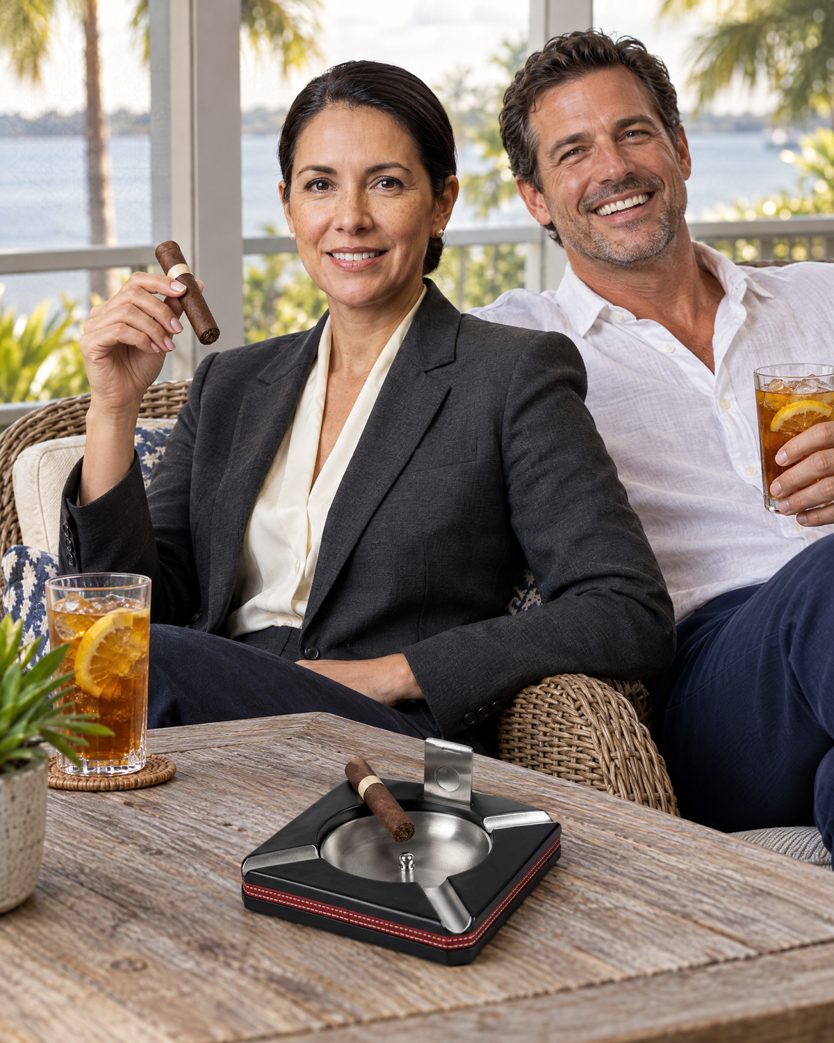 Leather Trim Ashtray with Cutter on a screened porch table by the water, a cigar resting on one of its four rests, two lawyers relaxing with iced tea