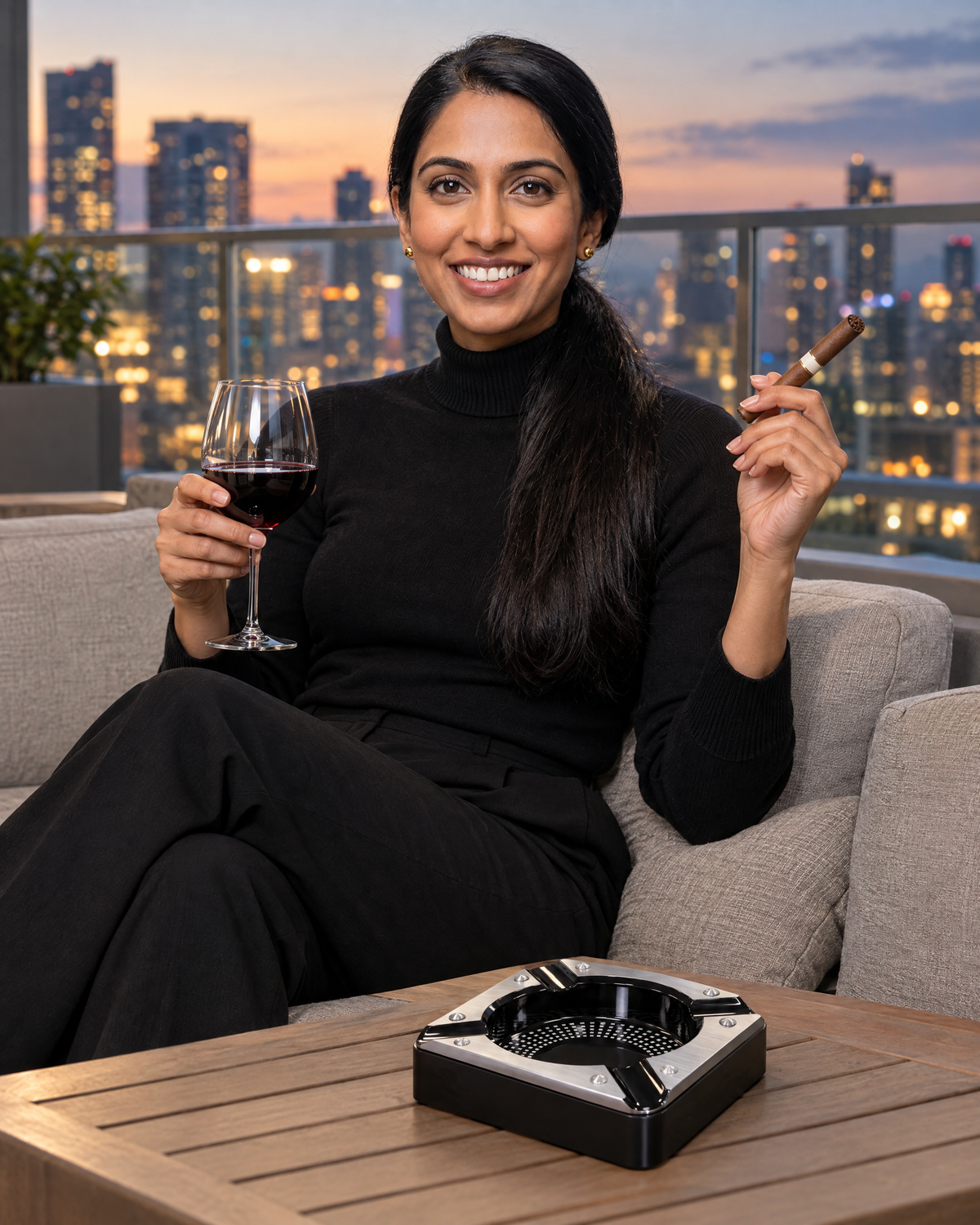 Saint Lucia metal ashtray on a modern high-rise terrace table at dusk, a lawyer relaxing with a glass of red wine and an unlit cigar