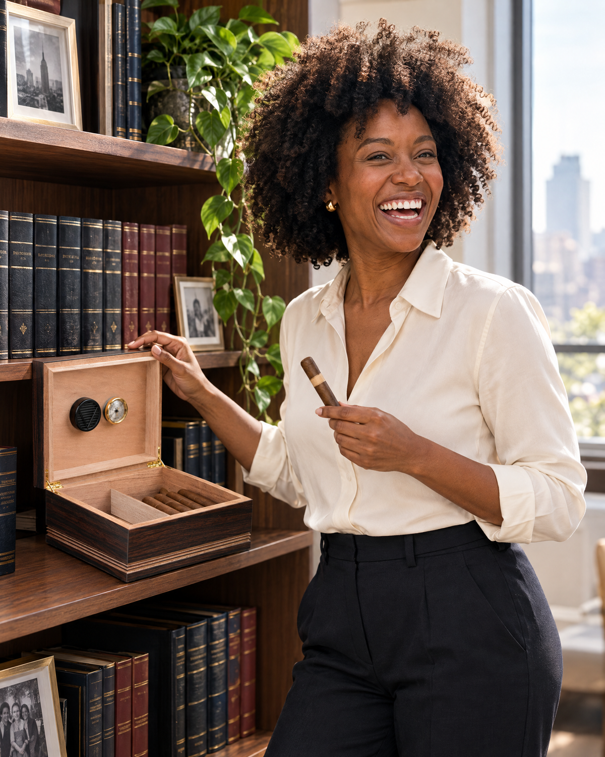 The Duke humidor open on a walnut bookshelf in a city apartment, a lawyer laughing with an unlit cigar