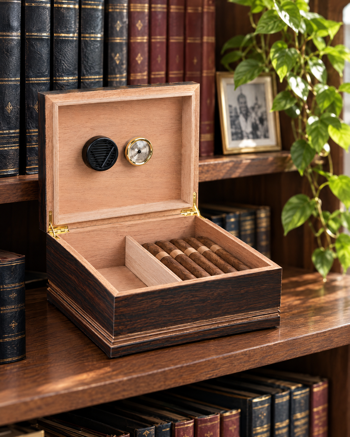 The Duke humidor open on a walnut bookshelf, cedar interior with hygrometer and humidifier in the lid