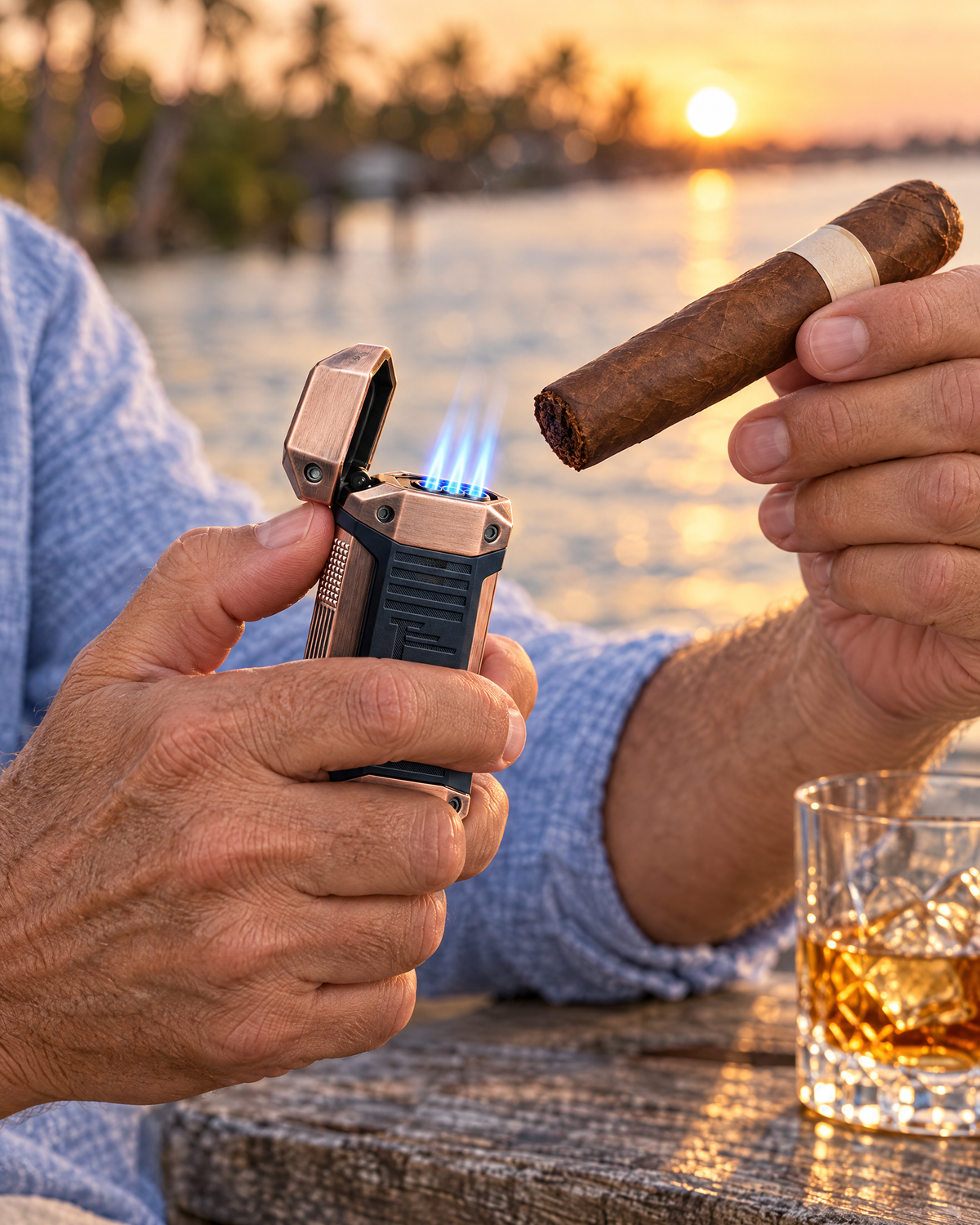 The Galleon triple-flame torch in copper, cap open, three blue jets toasting the foot of a cigar on a dock at sunset