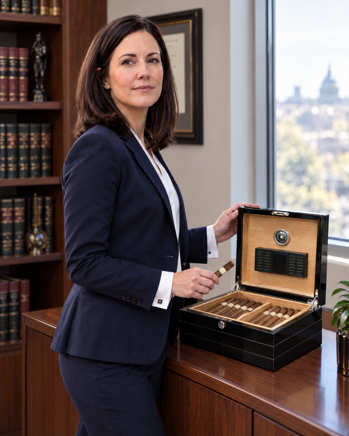The Onyx 50-cigar humidor in black lacquer open on a partner's office credenza, a litigator selecting a cigar