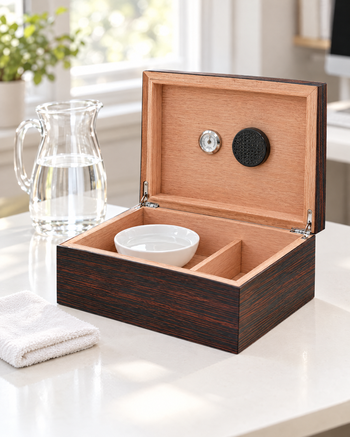 The Vizcaya humidor in ebony open and being seasoned, a shallow dish of distilled water inside on the cedar, cloth and jug beside it
