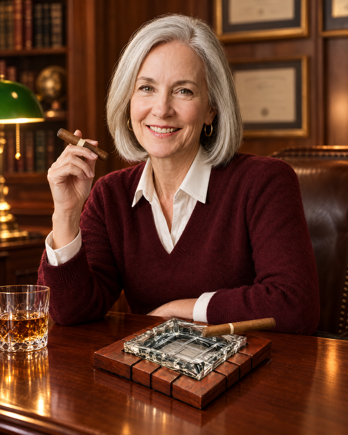 Wood & Crystal Cross-Hatched Ashtray on a mahogany desk in a panelled den, a senior partner with a single malt and an unlit cigar
