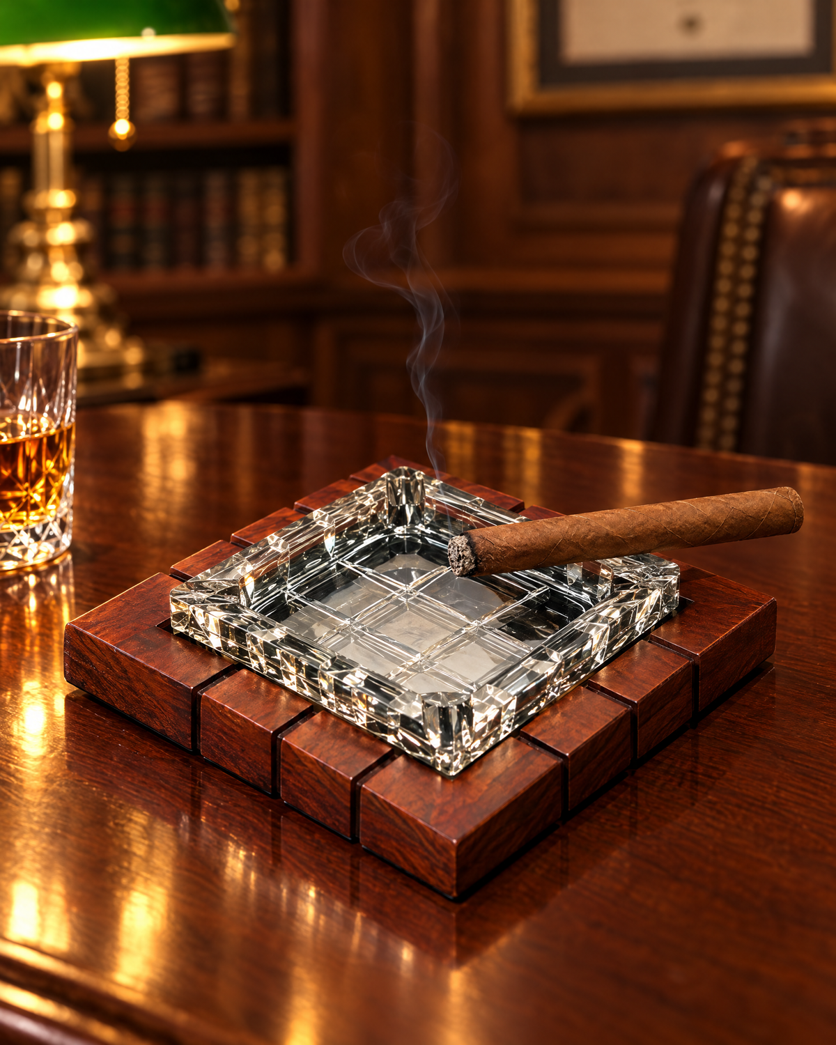 Wood & Crystal Cross-Hatched Ashtray, close-up of the cut-crystal insert in its mahogany frame with a cigar resting on the rim