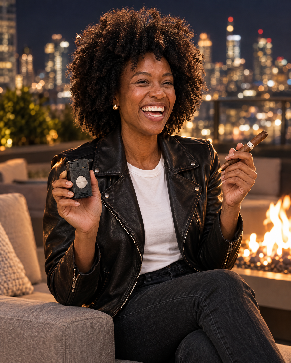 XoticEdge Aurora torch lighter in black stone held closed by a lawyer on a rooftop terrace by a fire pit at night, unlit cigar in her other hand