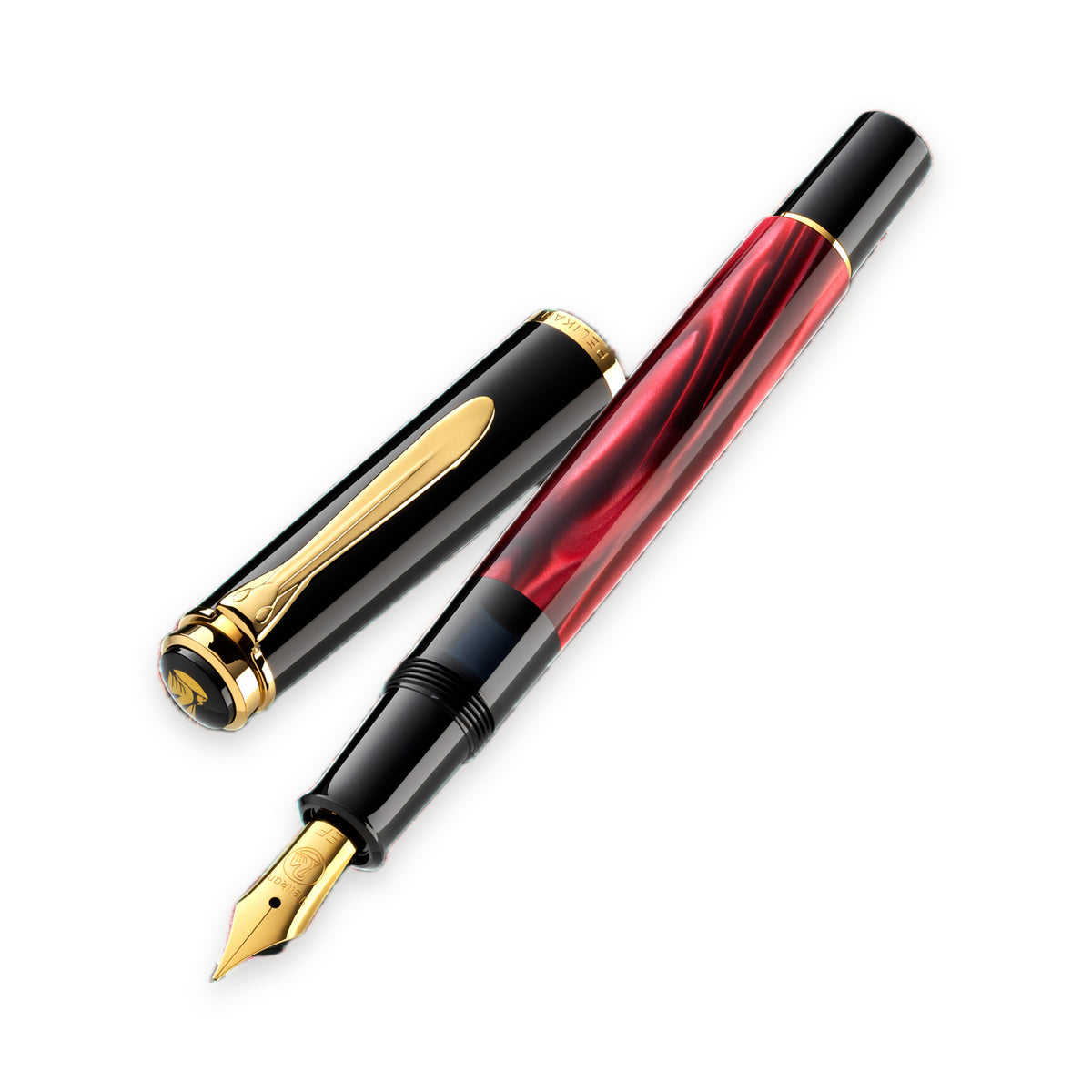 Pelikan M200 fountain pen in red marbled resin with gold trim, uncapped beside its cap
