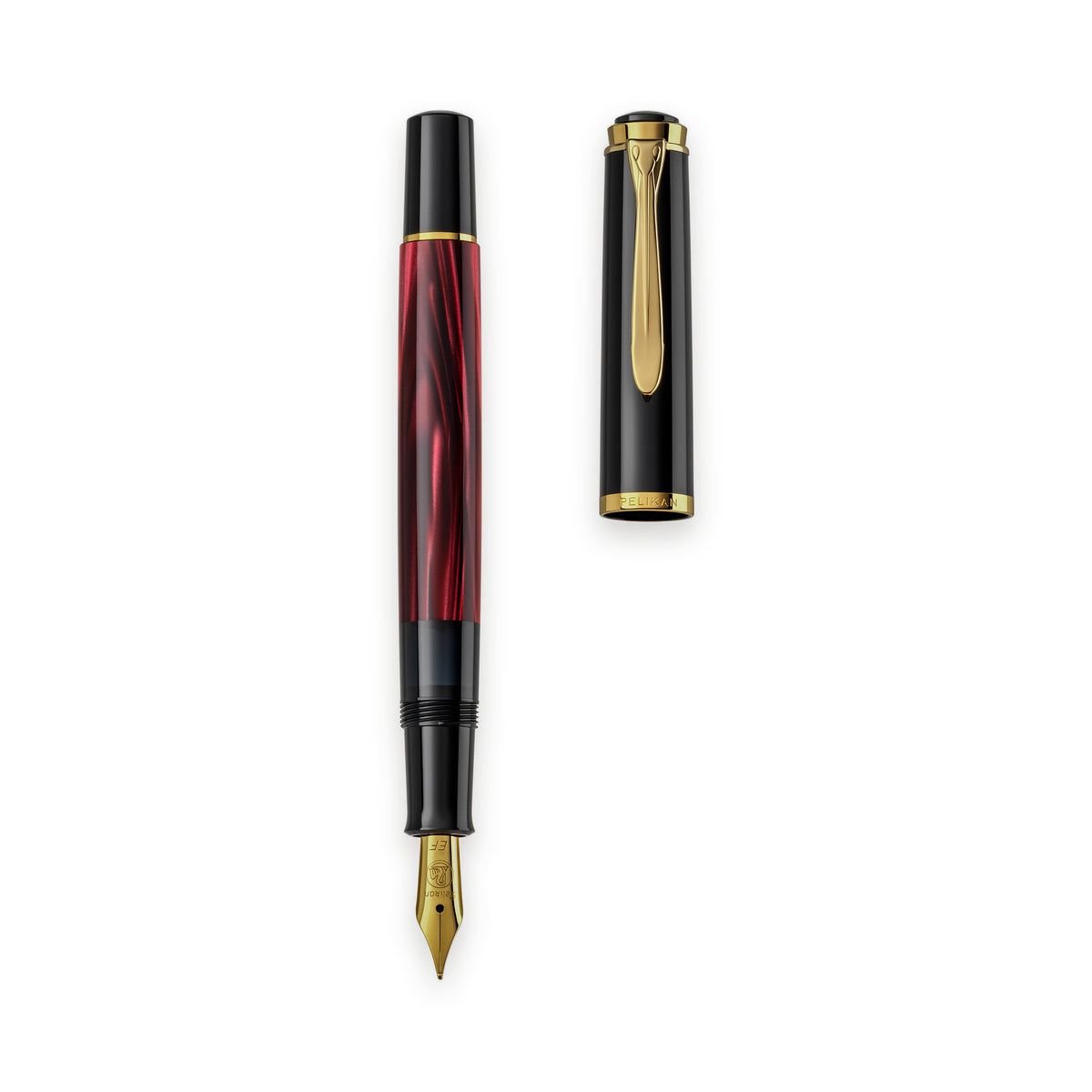 Pelikan M200 fountain pen in red marbled resin, shown with the cap removed and standing alongside the barrel and gold nib