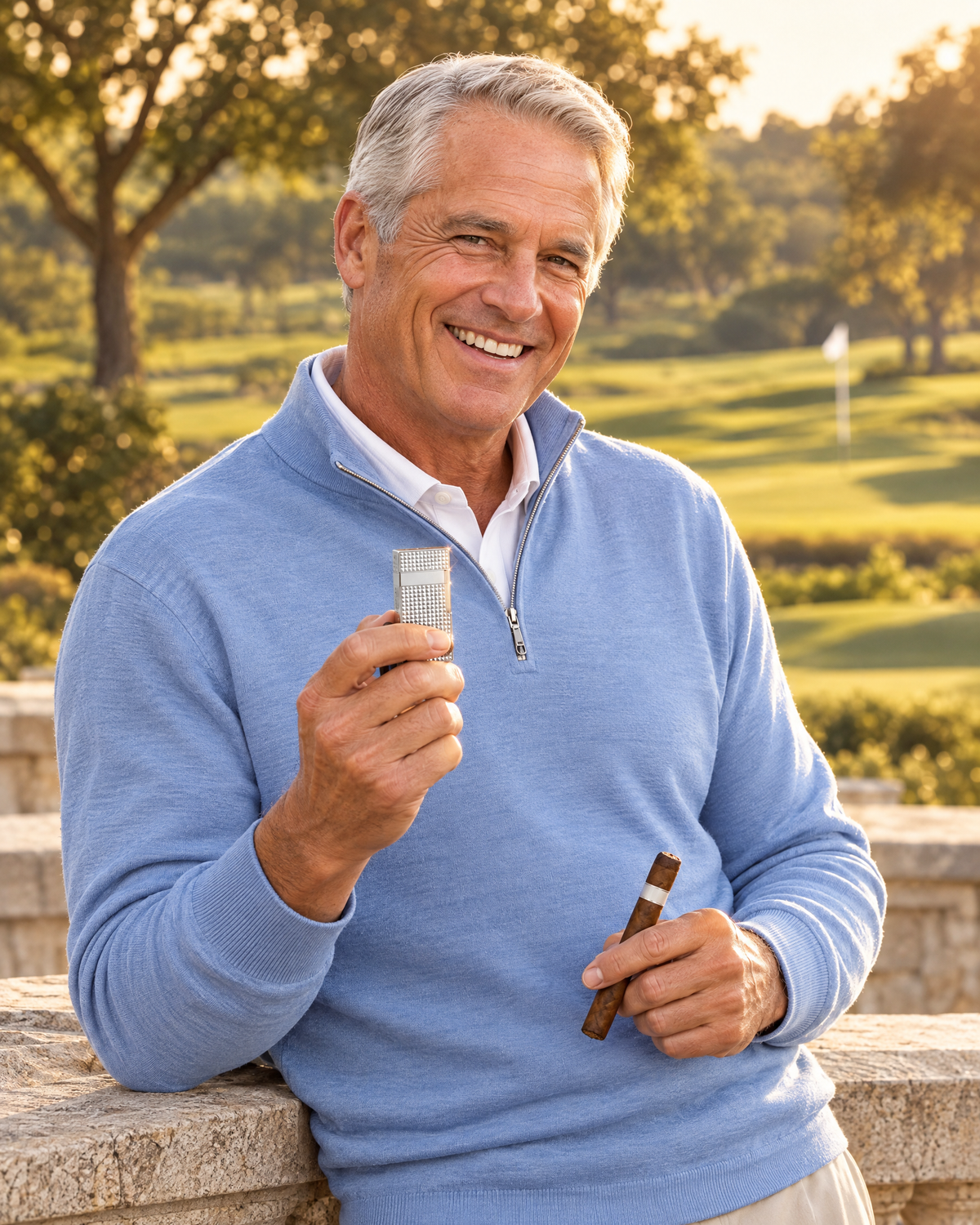 S.T. Dupont Biggy Lighter — Diamond Head, Chrome, held closed by a seasoned lawyer at a golf clubhouse balustrade, unlit cigar in his other hand