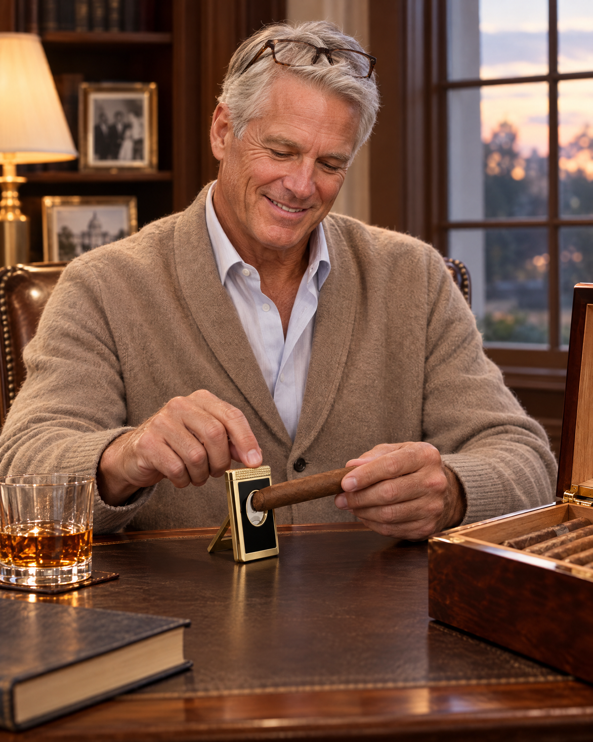 S.T. Dupont Cigar Cutter Stand — Black & Gold, standing on a home-study desk beside an open humidor, a cigar cap seated in its aperture and a finger on the top