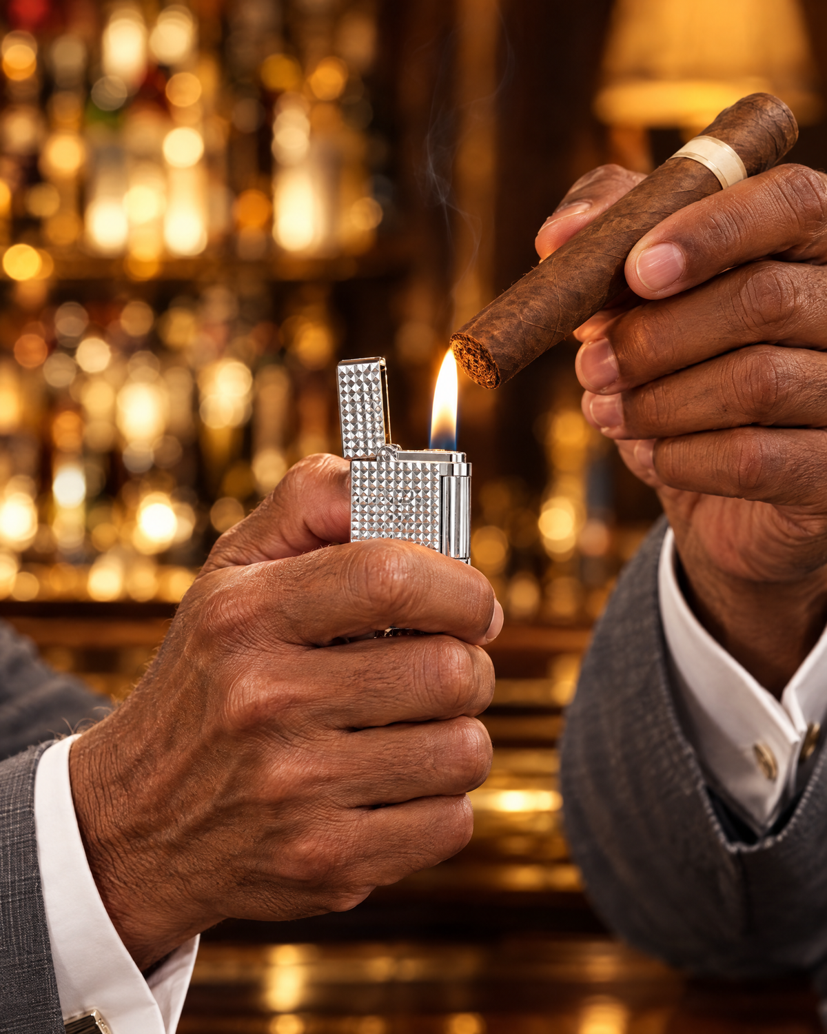 S.T. Dupont Ligne 2 Lighter — Diamond Head, Palladium, cap open, its soft flame toasting the foot of a cigar at a club bar