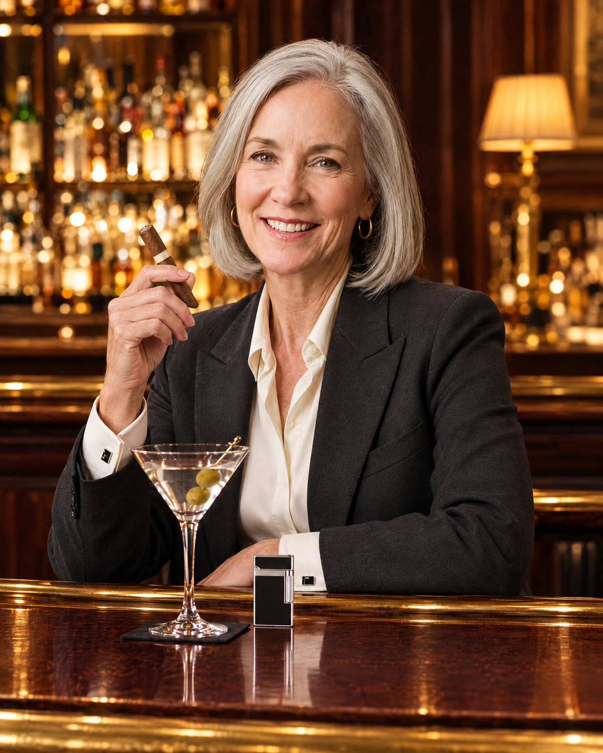 S.T. Dupont Ligne 2 Perfect Ping Lighter — Matte Black Lacquer & Palladium, standing beside a martini at a private club bar, a senior partner laughing with an unlit cigar
