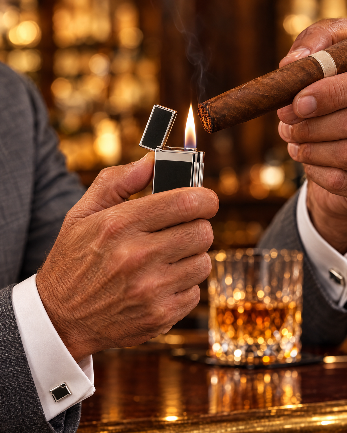 S.T. Dupont Ligne 2 Perfect Ping Lighter — Matte Black Lacquer & Palladium, cap open, its soft flame toasting the foot of a cigar at a club bar