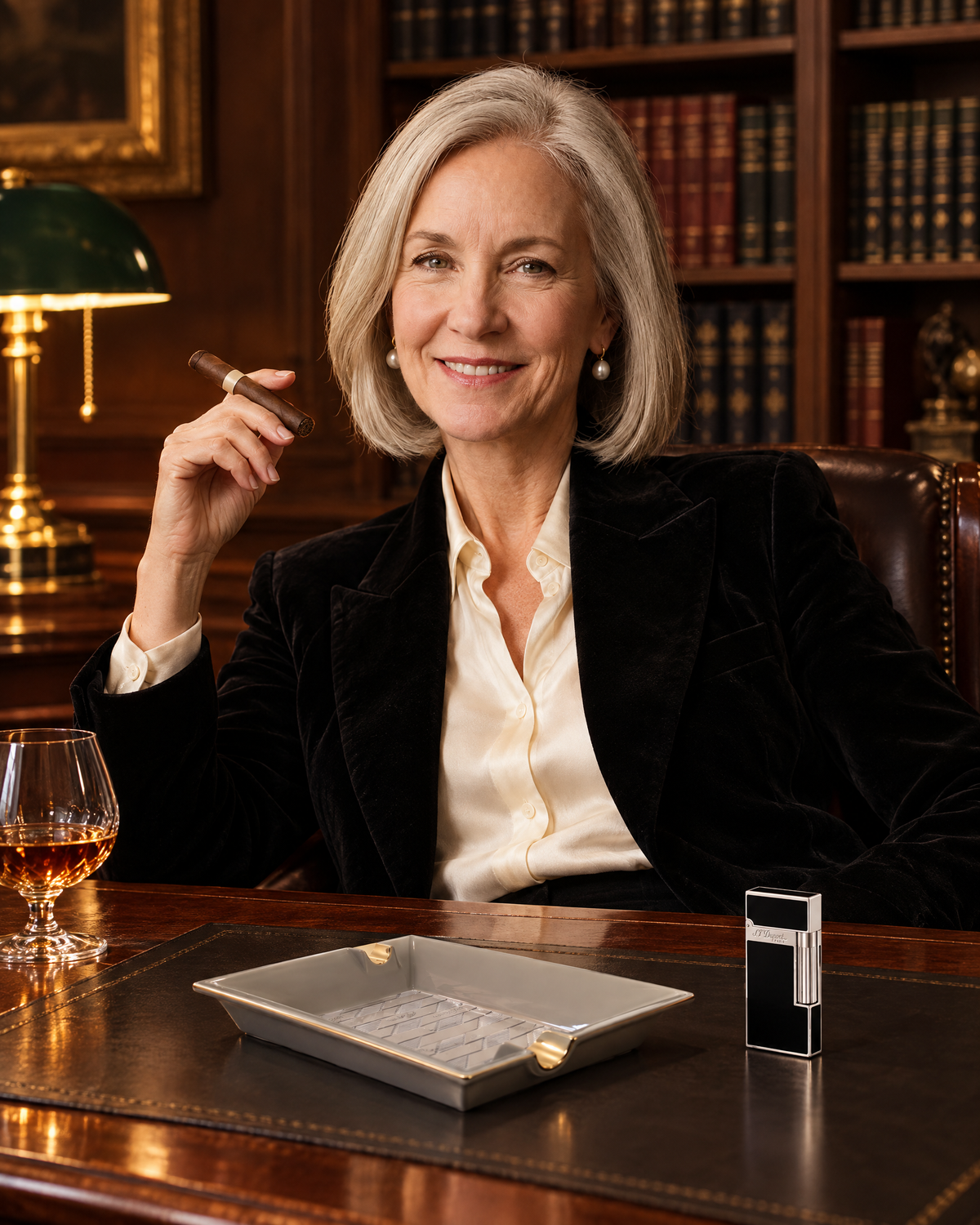 S.T. Dupont Monogram 1872 Ashtray — Porcelain, Grey, on a senior partner's mahogany desk in her private study, a Ligne 2 lighter beside it, an unlit cigar in her hand