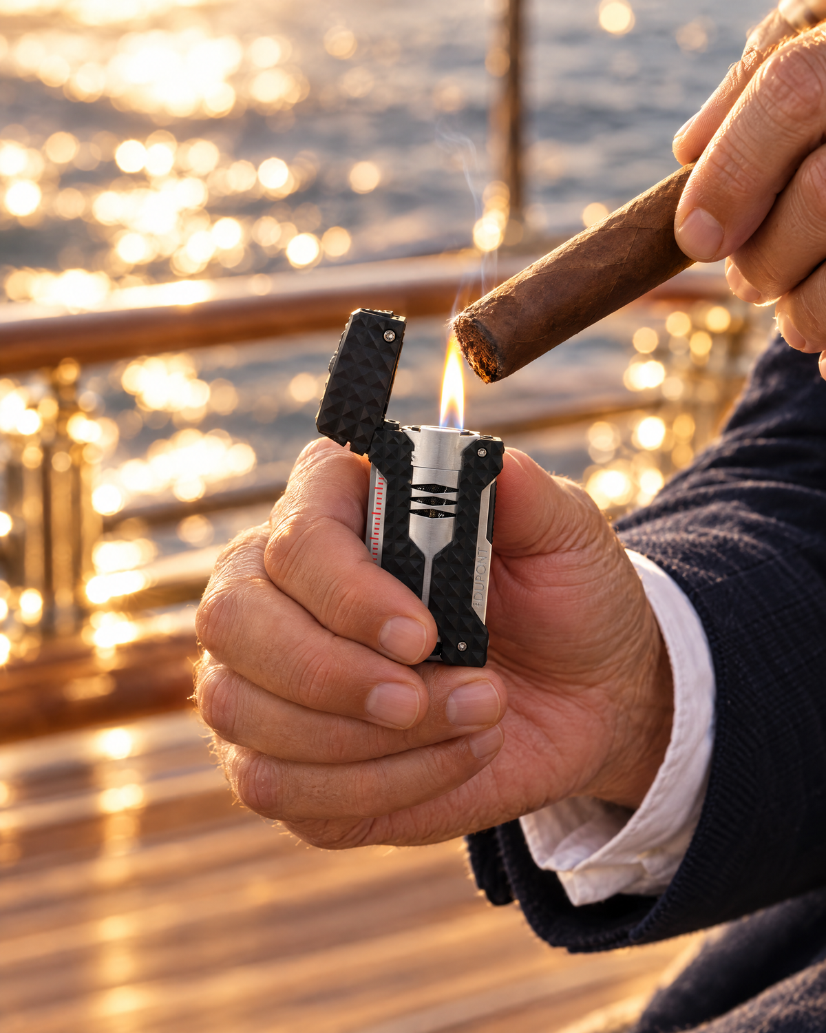 S.T. Dupont Windproof Lighter — Chrome, flame held steady in a cupped hand on a yacht deck at golden hour