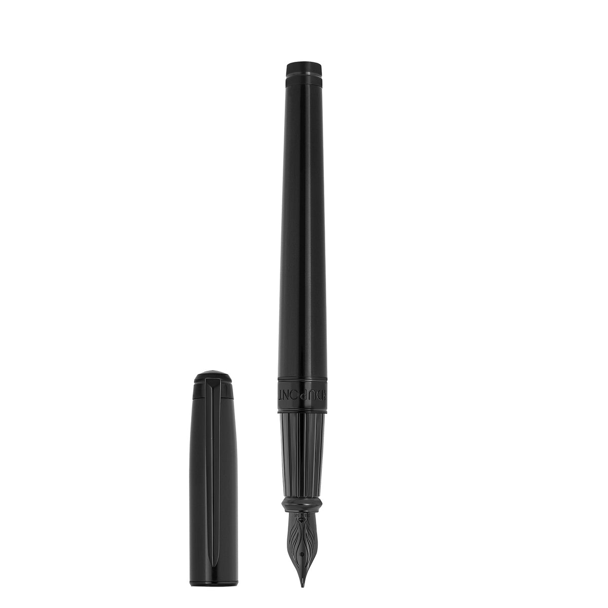 S.T. Dupont Line D Eternity fountain pen uncapped, showing the black 14-carat gold Wings nib, with the cap beside it
