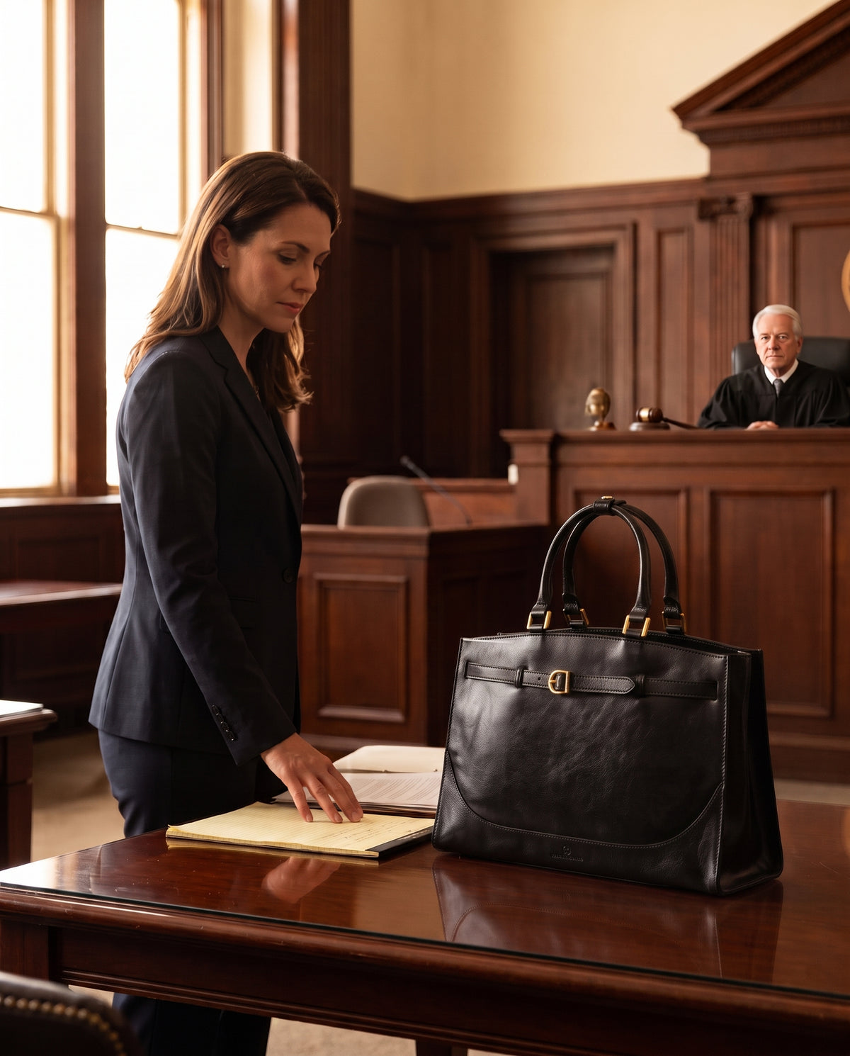 The Shirley work tote in black full-grain leather, standing upright on counsel table beside a legal pad as a woman attorney prepares her papers