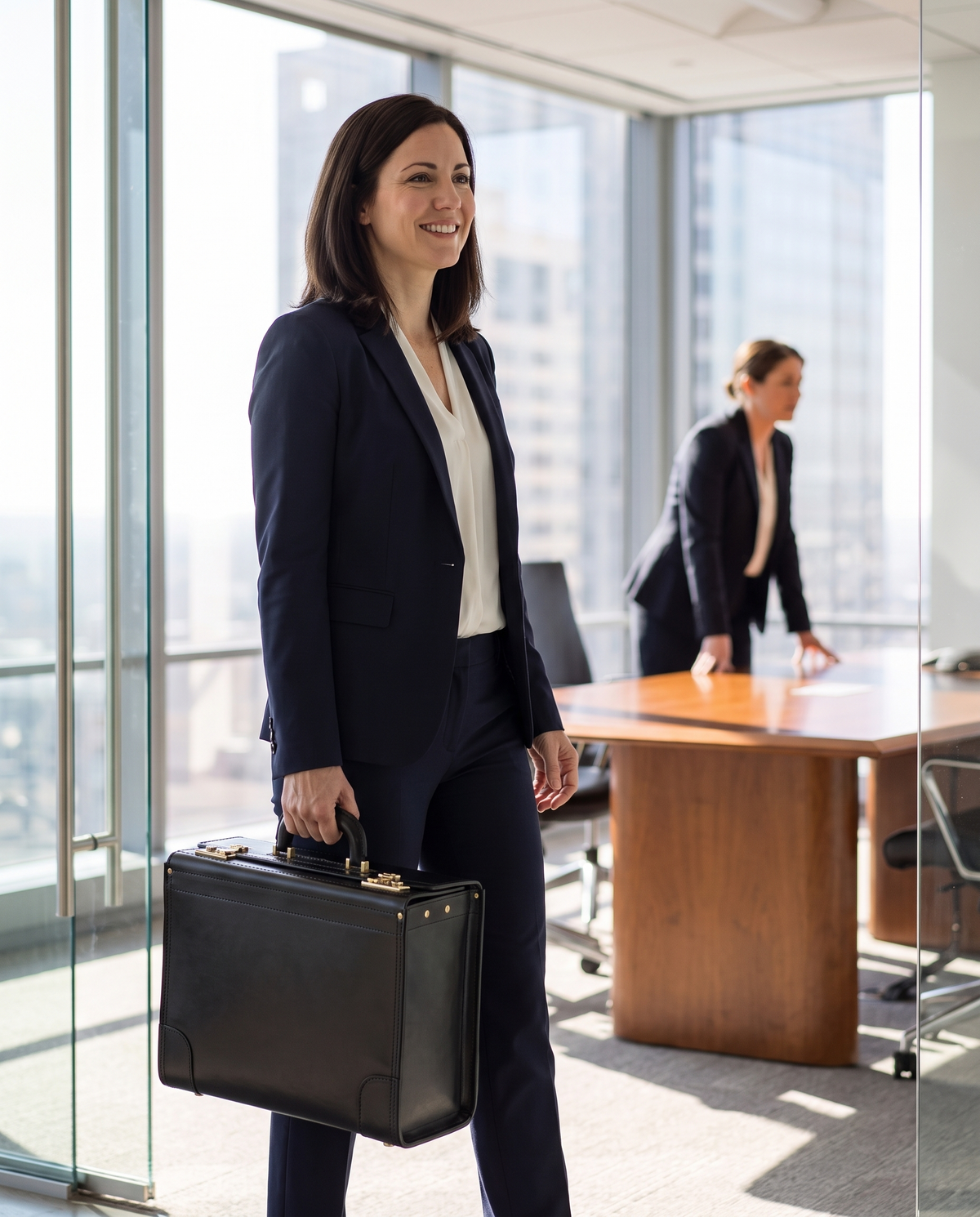 Workhorse Catalog Case — Black, carried by hand into a deposition conference room by a lawyer