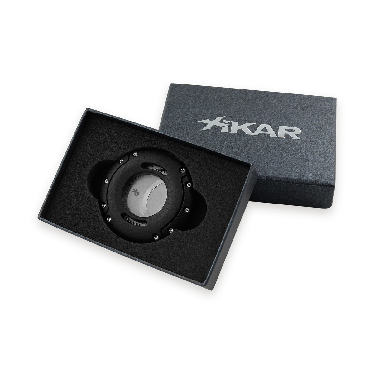 Xikar XO cigar cutter in black, shown in its Xikar presentation box