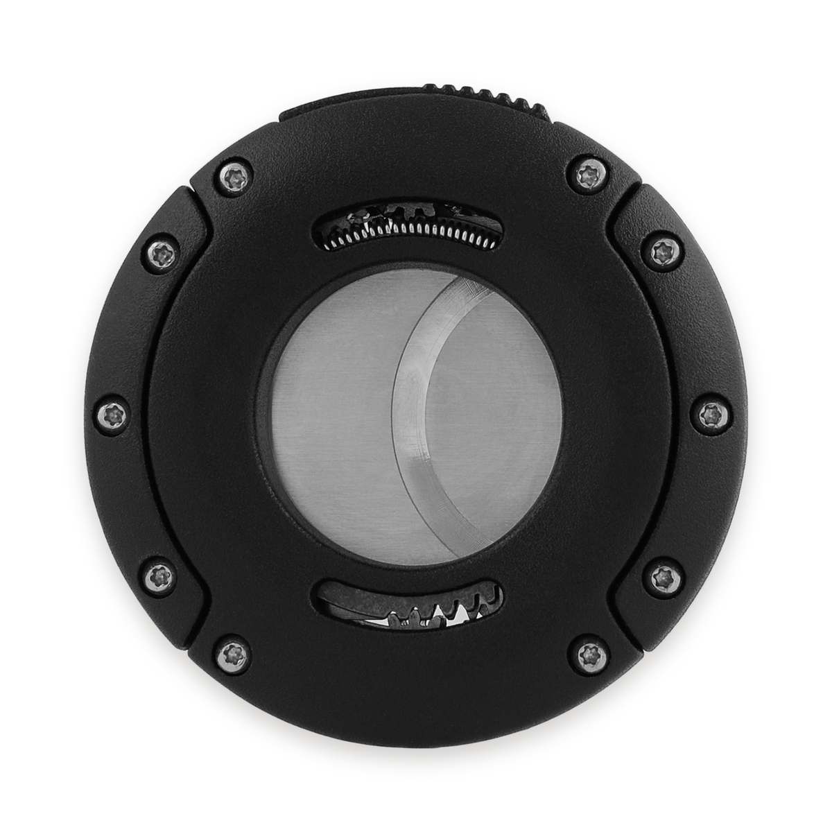 Xikar XO cigar cutter in black, closed, showing the geared face and blade edge