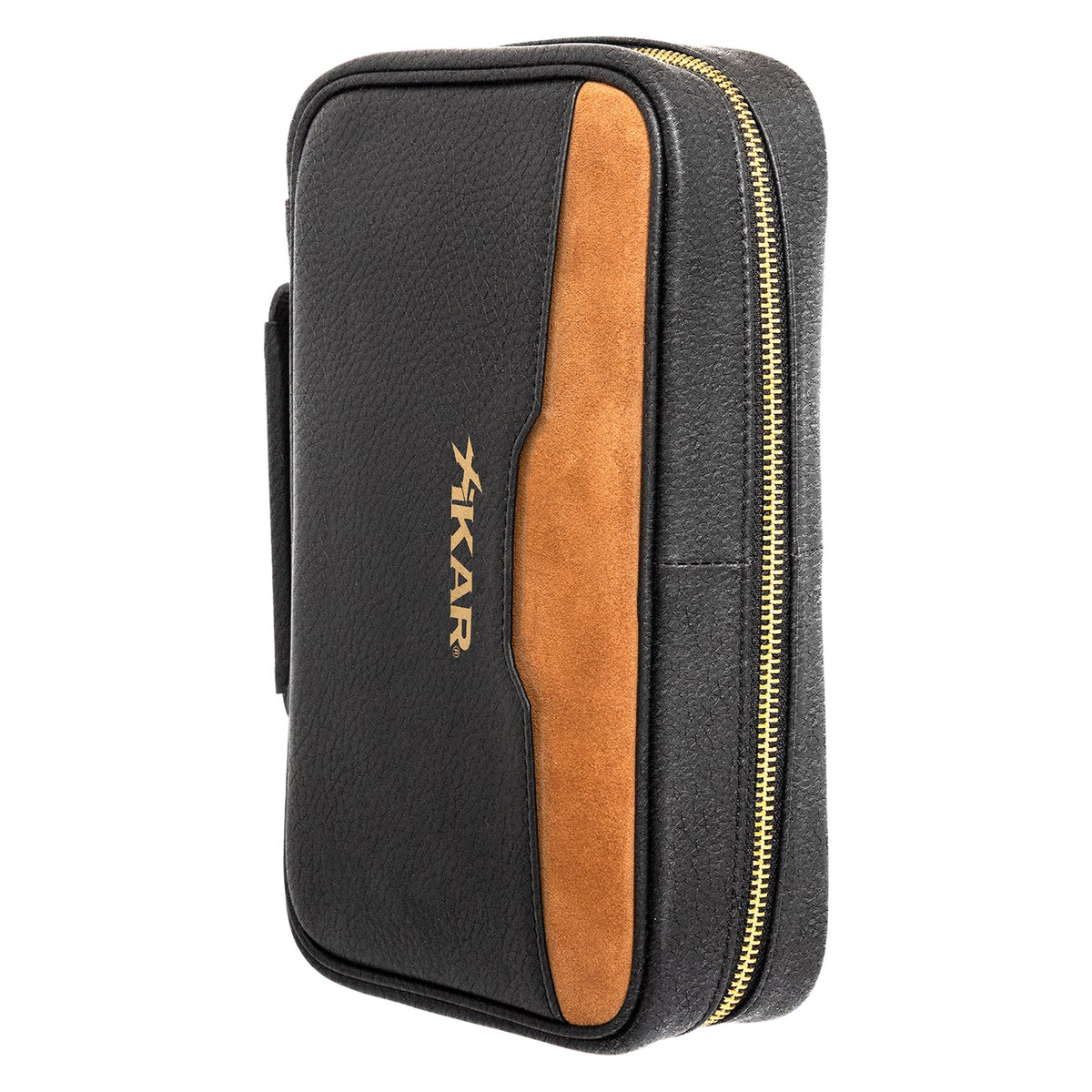 Xikar Sentinel case in black pebbled leather, angled front view with the suede accent panel and zipper