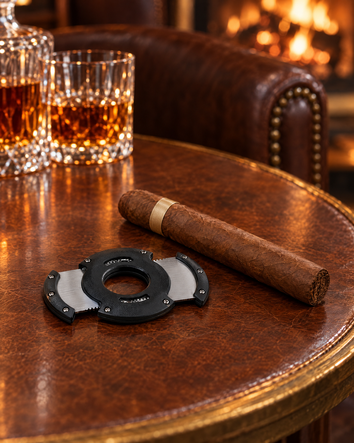 Xikar XO double-guillotine cigar cutter in black beside an unlit cigar on a leather-topped side table by the fire