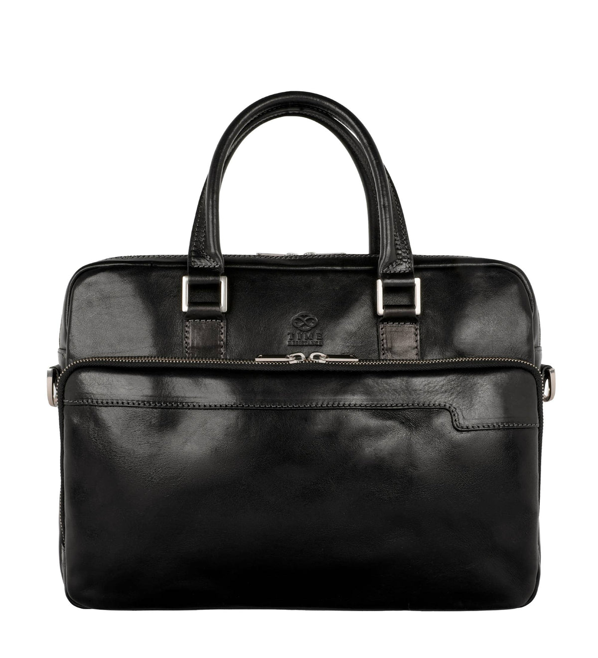 Orlando black leather laptop briefcase in Italian Vachetta (Time Resistance), front view with twin rolled handles