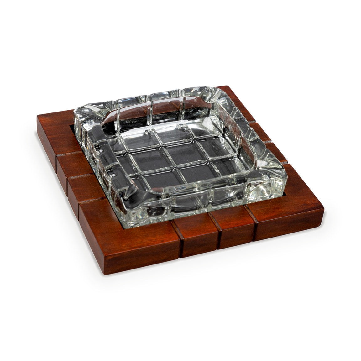 Wood and crystal cross-hatched cigar ashtray from above, cut-crystal insert in the wood frame