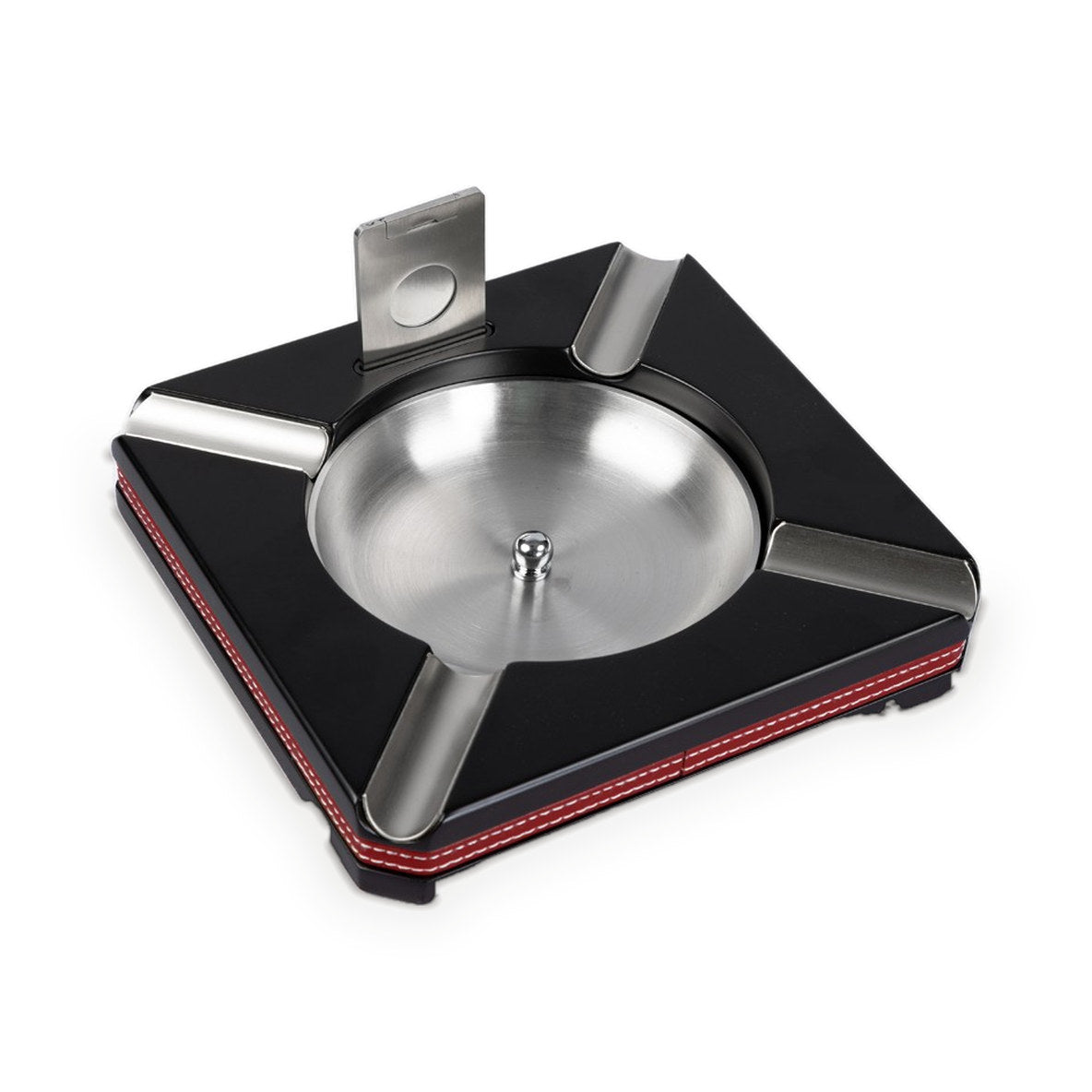 Leather-trim cigar ashtray from above, brushed steel bowl with four rests