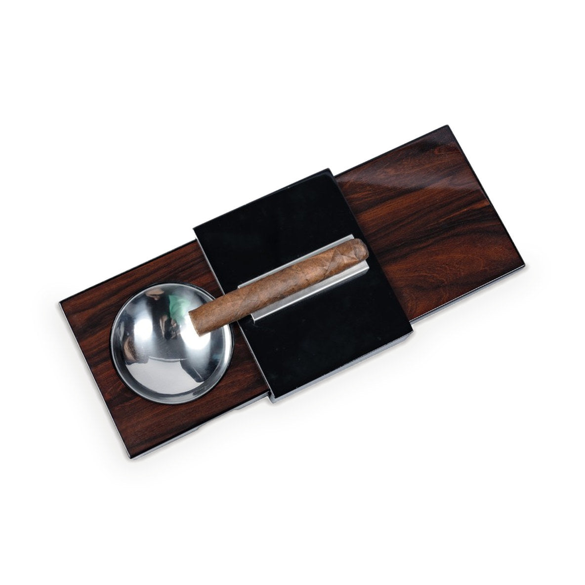 Sliding ashtray with hidden humidor, a cigar resting in the ashtray, dark wood finish