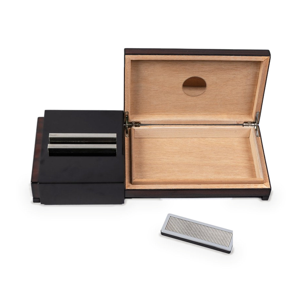 Sliding ashtray with hidden humidor open, empty cedar compartment and humidifier