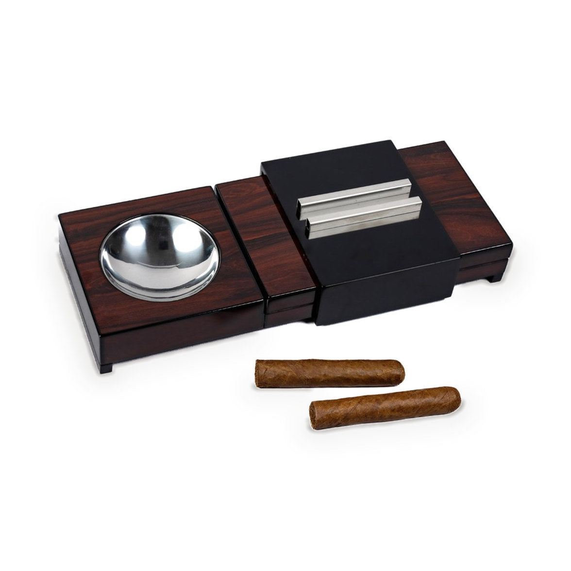Sliding ashtray with hidden humidor closed, two cigars in front