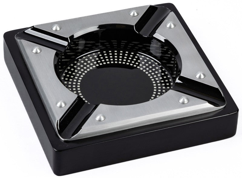 Saint Lucia metal cigar ashtray, black with brushed steel bowl, from above