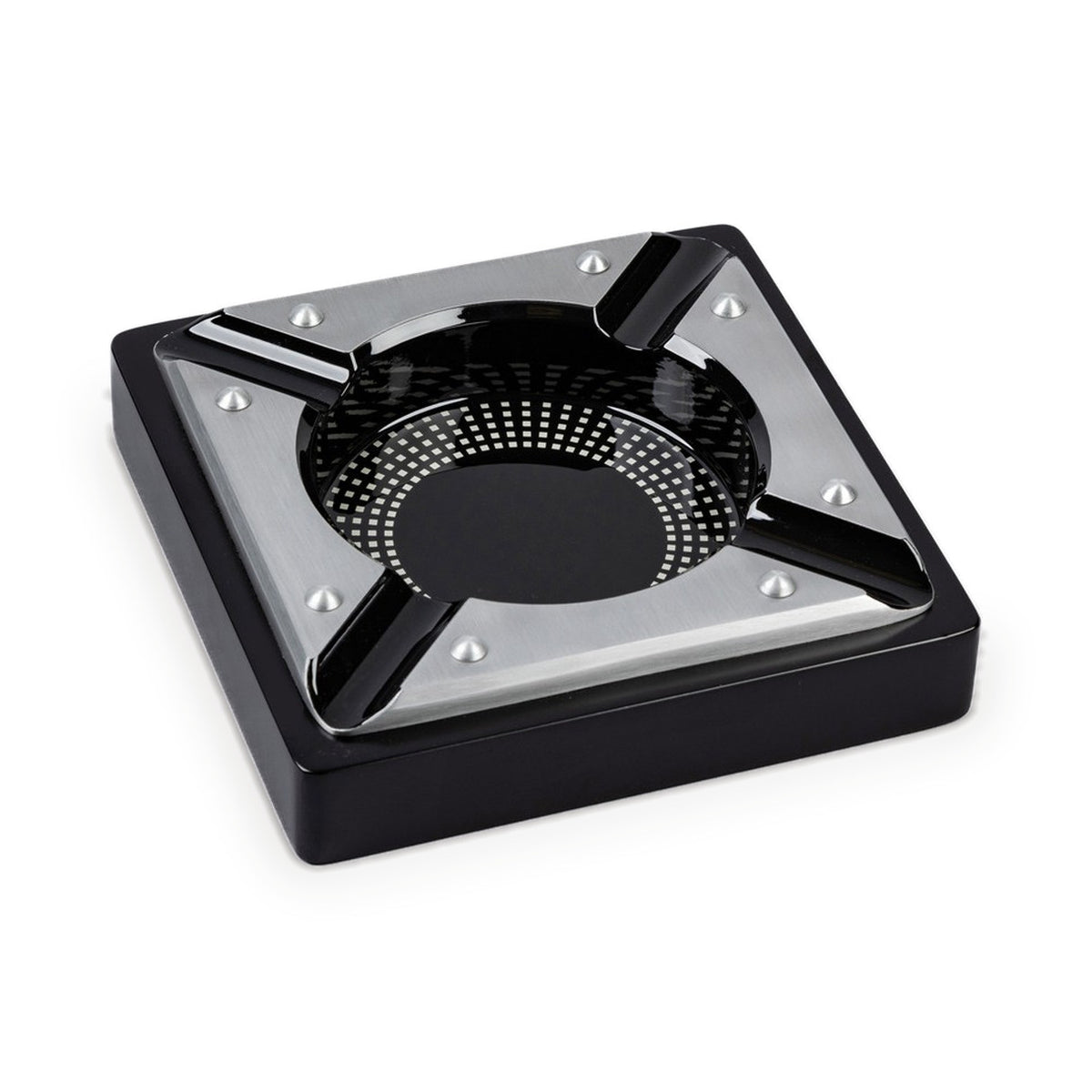 Saint Lucia metal cigar ashtray, black with brushed steel bowl, from above