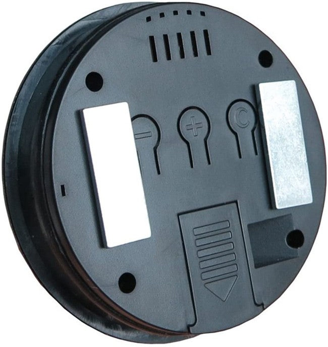 Digital hygrometer back with magnet mount, battery cover and calibration button
