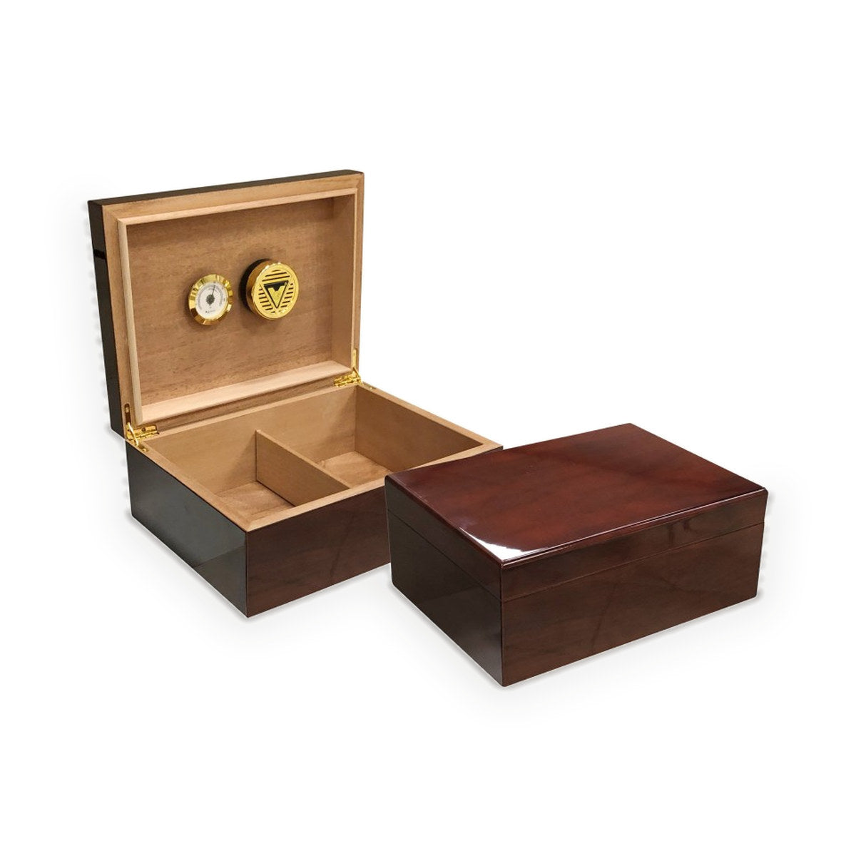 Bellevue humidor open, cedar interior with divider, hygrometer and humidifier in the lid