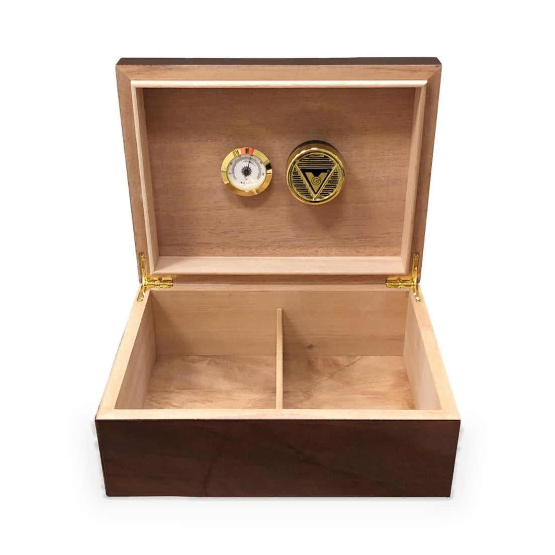 Bellevue humidor open, cedar interior with hygrometer, seen from the front