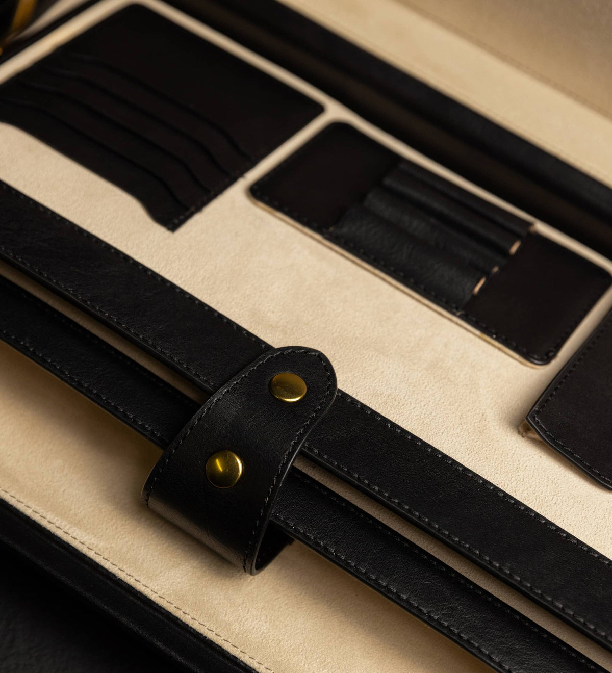 Vendetta black leather attaché case by Time Resistance in full-grain vegetable-tanned Italian Vachetta, view 6 of 11
