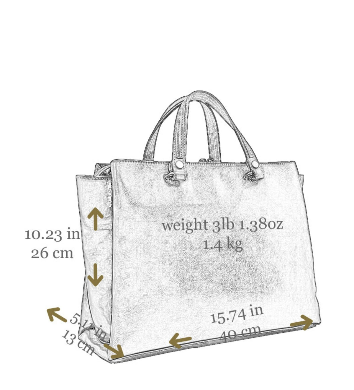 Dimensions diagram — The Scarlet Letter women's leather tote: 15.74 in / 40 cm wide, 10.23 in / 26 cm high