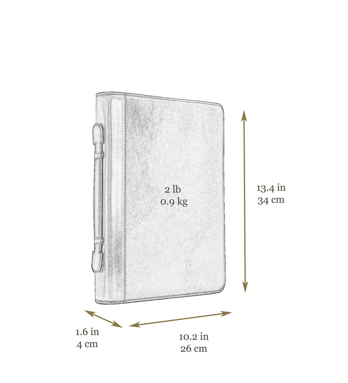 Dimensions diagram — Joy in the Morning leather binder portfolio: 10.2 in / 26 cm wide, 13.4 in / 34 cm high
