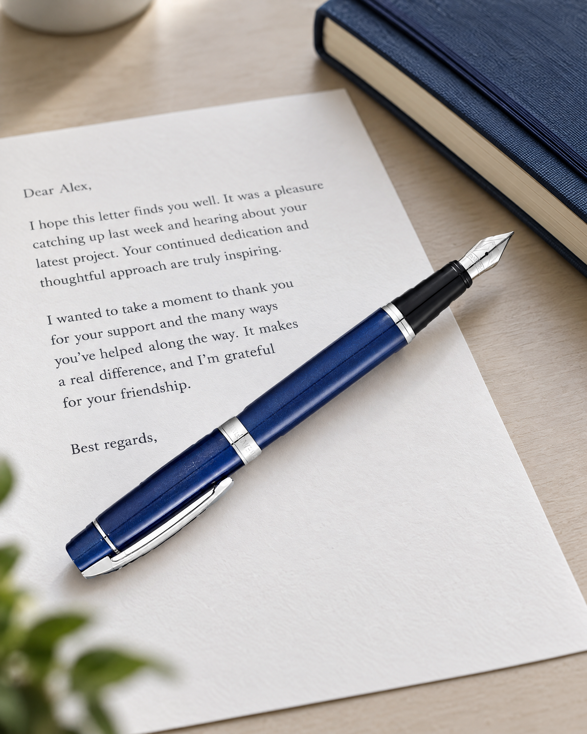 Sheaffer 300 Pen — Glossy Blue with Chrome Trim: close view of the glossy blue fountain pen with chrome trim on a printed letter