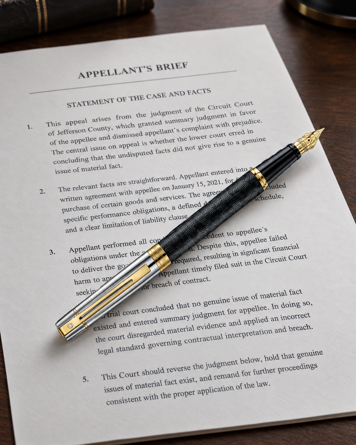 Sheaffer 300 Pen — Engraved Matte Black with Chrome Cap: close view of the engraved barrel, chrome cap and gold trim on a printed appellate brief