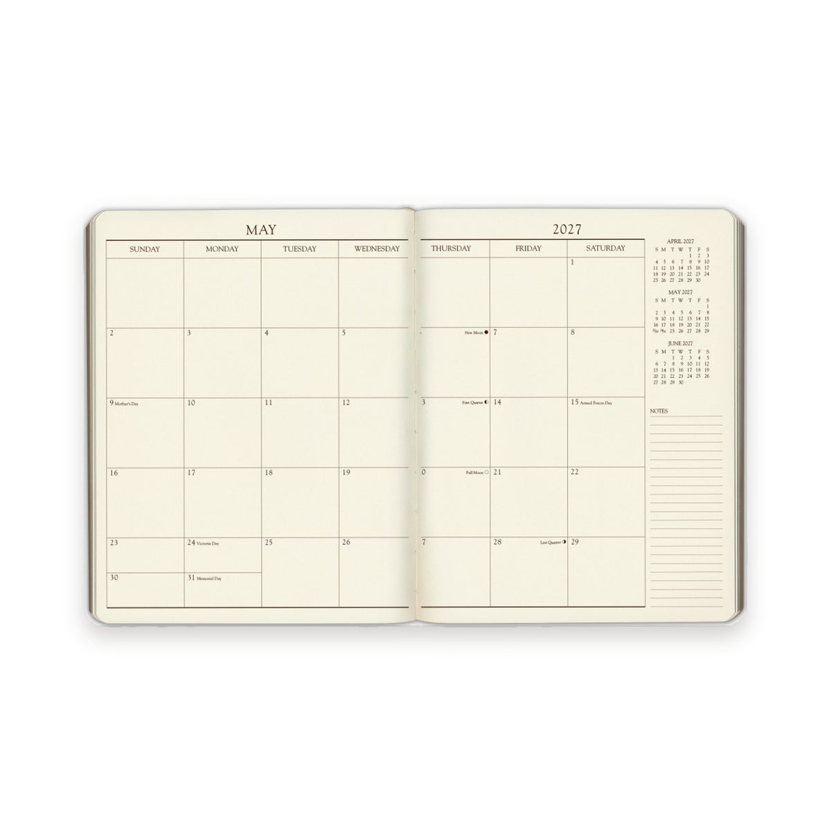 Large Monthly Leather Planner 2027 — monthly spread, two pages per month with a notes column
