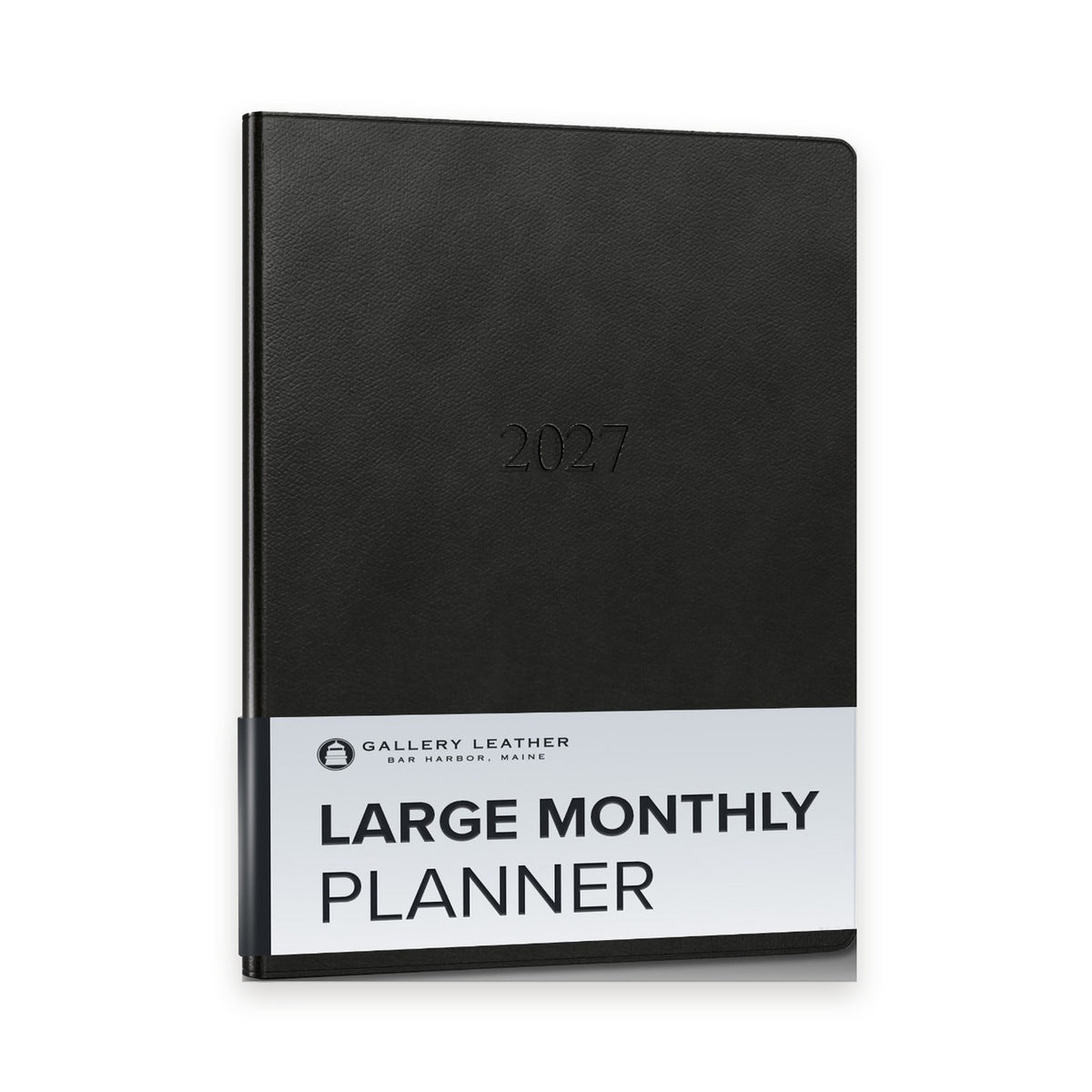 Large Monthly Leather Planner 2027 in Monhegan Black full-grain leather — front cover, 9.75 by 7.5 inches